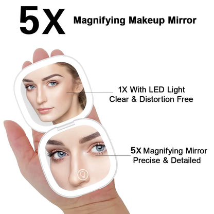 LED Makeup Mirror with Light 5X Magnifying Mini Compact Small Pocket Portable Travel Pink Black Foldable Cosmetic Vanity Mirrors
